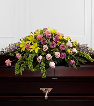 Funeral Casket Flowers Yellow Purple Green