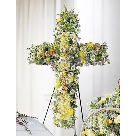 Funeral Cross Flower Arrangement, yellow, cream and white on easel