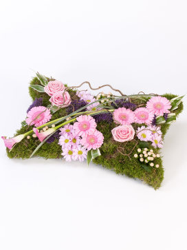 Funeral Flower Pillow with Moss and Pink Roses