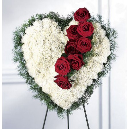 Heart Shaped Standing Wreath with White Carnations and Red Roses