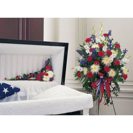 Patriotic Funeral Flower Package = Spray and Hinge Adornment in Red White and Blue