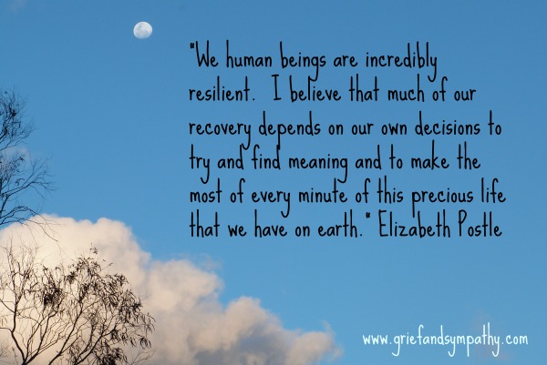 Quote about resilience when grieving multiple losses by Elizabeth Postle on Background of Sky with Moon.