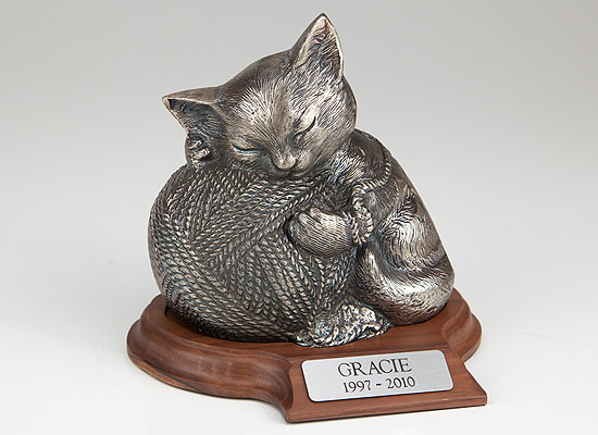 Silver Cat Cremation Urn Kitty with Ball of Wall