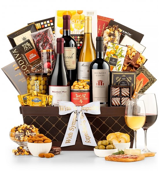 Huge Sympathy Wine Basket with Four Bottles of Wine, Chocolates and Nuts