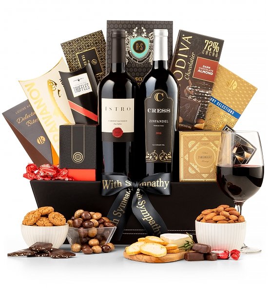 Red Wine Sympathy Basket with Cabernet, Nuts and Chocolates