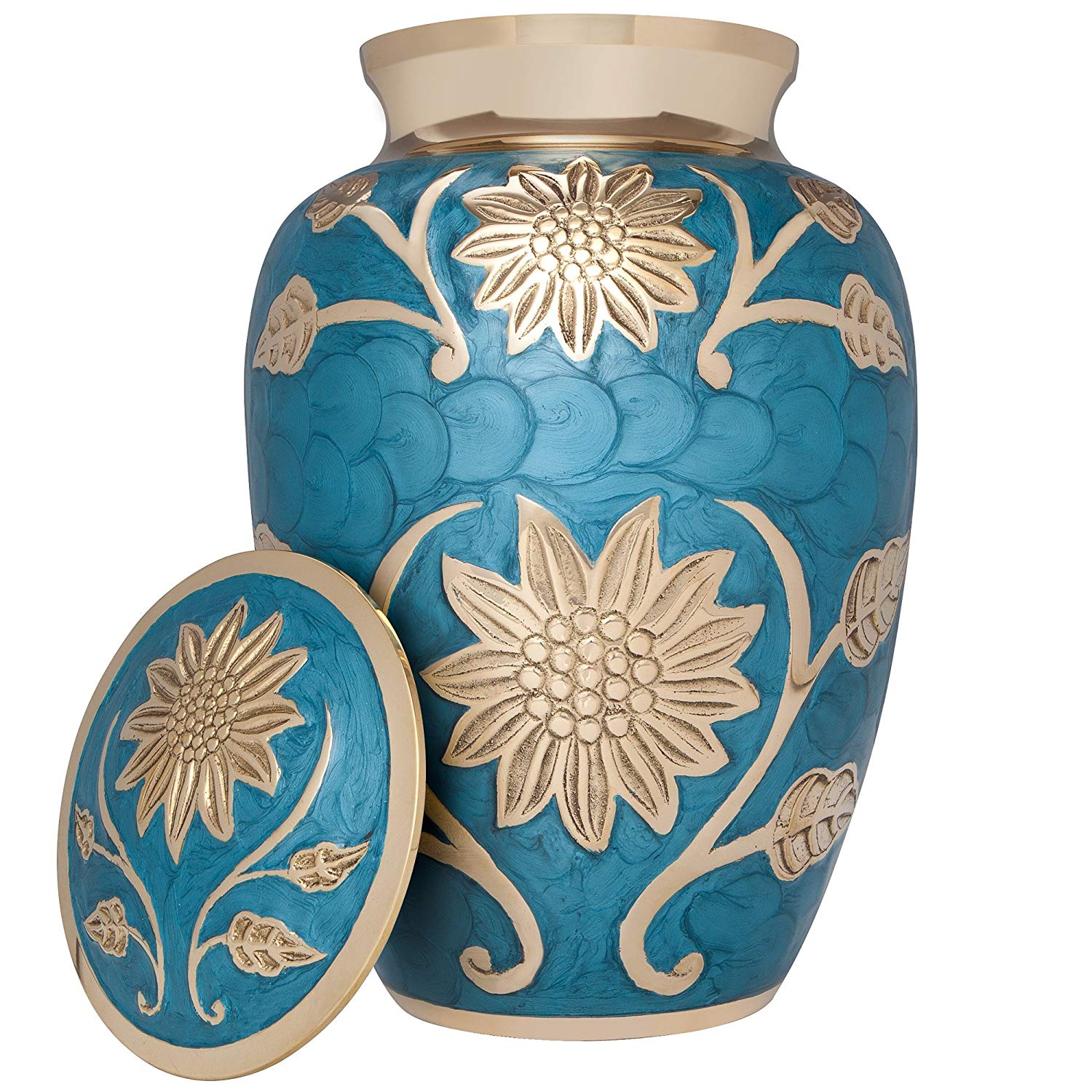 Blue Floral Brass Cremation Urn