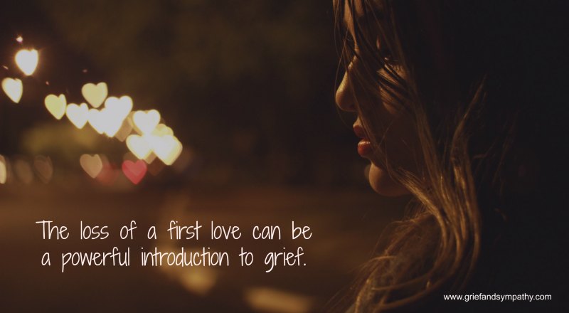 Girl in dark with hearts.  Quote - Loss of a first love can be a powerful introduction to grief.