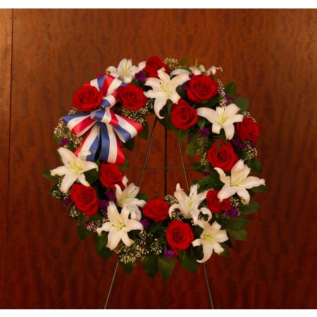 Patriotic Funeral Wreath with Red white and Blue Flowers