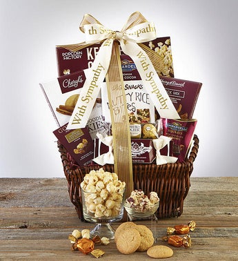Chocolate and snacks sympathy basket with white ribbon