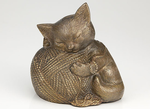 Gold Cat Cremation Urn, Kitty with Ball of Wall