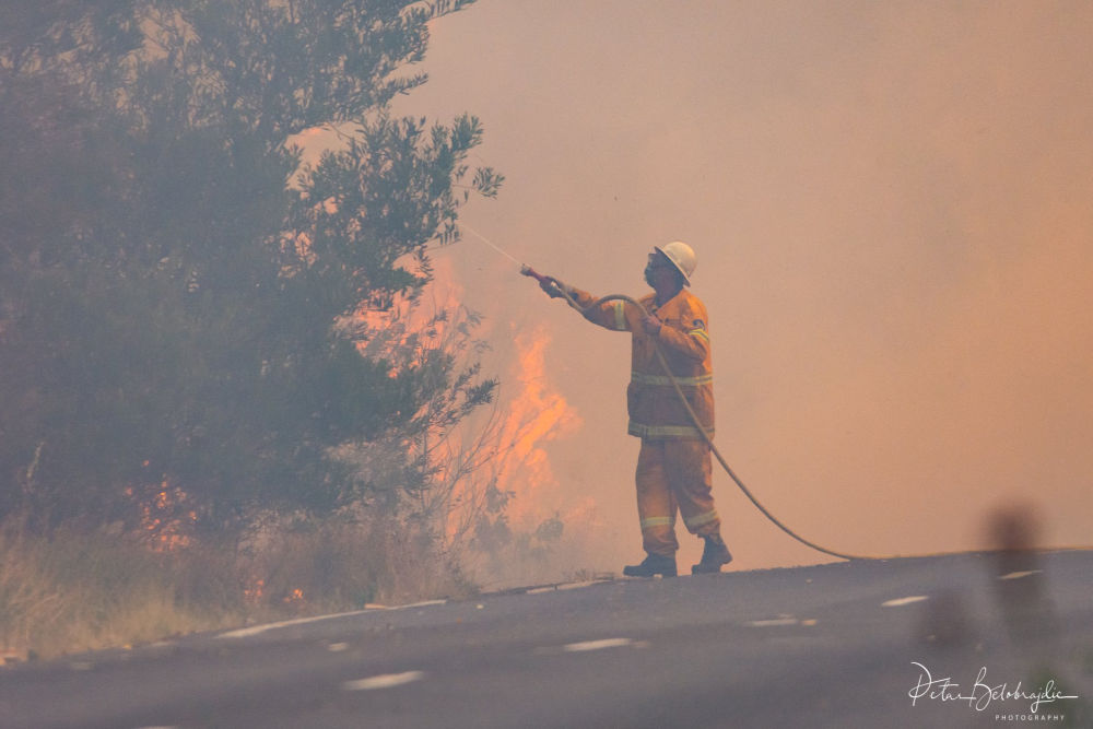 Firefighter with hose tackling NSW bushfires 2019. PetarB Photography