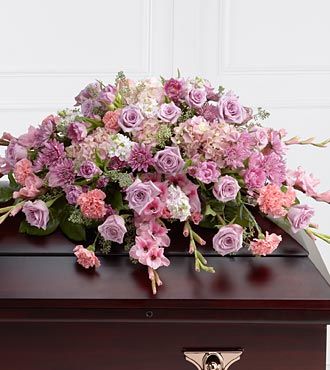 Pink Lavender Casket Arrangement with Roses, Chrysanthemums, Carnations, Tulips from Flowers Fast
