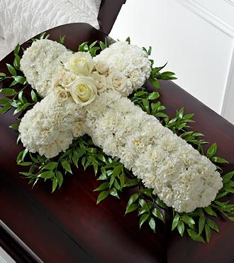 Funeral Flower Cross with White Chrysanthemums and Roses