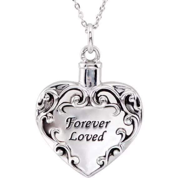 Heart Shaped Sterling Silver Pendant for Cremation Ashes, Engraved Forever Loved