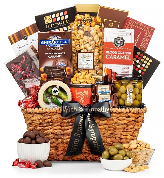 Gourmet Wicker Basket with chocolates, popcorn cheese and olives - In Sympathy