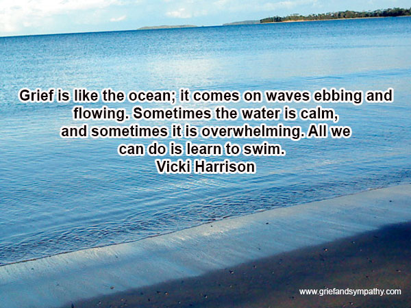 Grief is like the ocean; it comes on waves ebbing and flowing. Sometimes the water is calm, and sometimes it is overwhelming. 
All we can do is learn to swim.
- Vicki Harrison