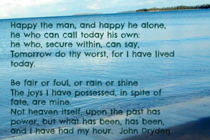 Happy the Man by John Dryden. Seascape background.
