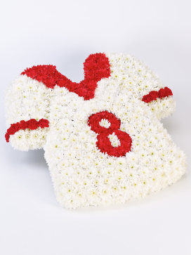 Flowers in the shape of a football shirt, red and white