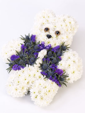 Teddy Bear Flower Arrangement in White and Purple