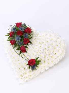 Heart Funeral Wreath with White Chrysanthemums and Red Roses