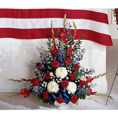 Red white and blue military funeral flower arrangement