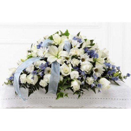 Blue and White Funeral Casket Spray for a Boy