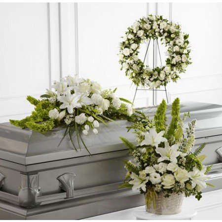 white funeral flower package