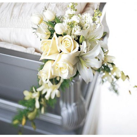 Corner Casket Adornment in Cream Roses, White Lilies