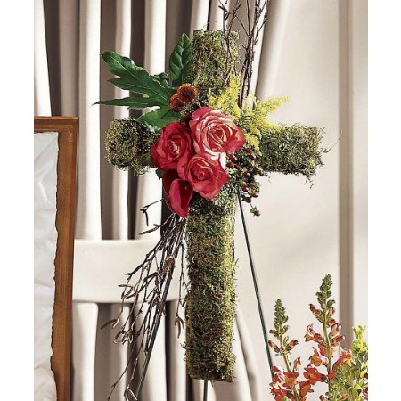 Rustic Funeral Flowers Cross of Roses and Moss with Birch twigs