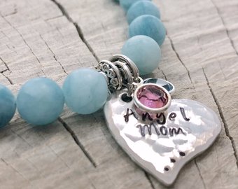 Miscarriage bracelet with aquamarine beads and sterling silver heart - Angel Mom