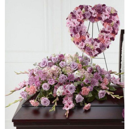 Pink Casket Flowers and Heart Funeral Flower Display
