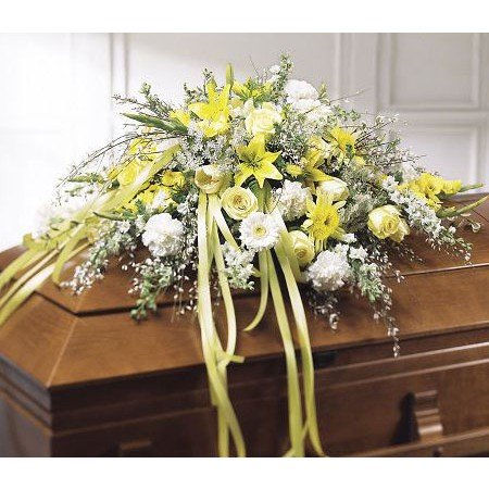 Yellow and White Funeral Casket Spray