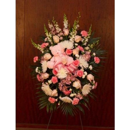 Pink and White Funeral Spray for Baby with  Pink Teddy Bear
