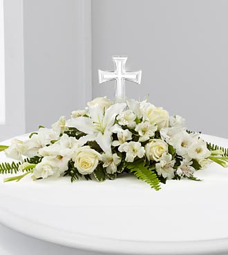 White Funeral Flower Bouquet with Cross