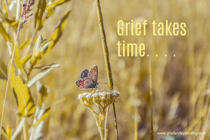 Grief takes time - meme with background of butterfly in a wheat field. Photo Alexey Sukhariev