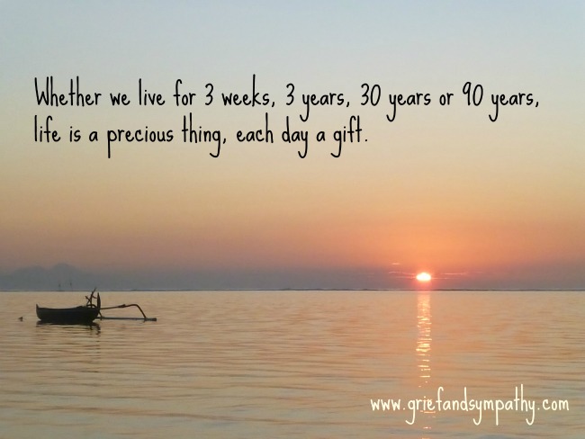 How to deal with grief uplifting quote, life is precious, each day a gift.  With sunrise background.