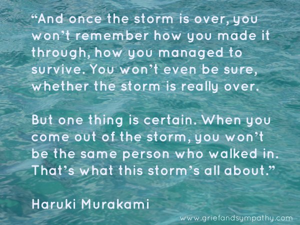 “And once the storm is over, you won’t remember how you made it through, how you managed to survive." Sea water background.