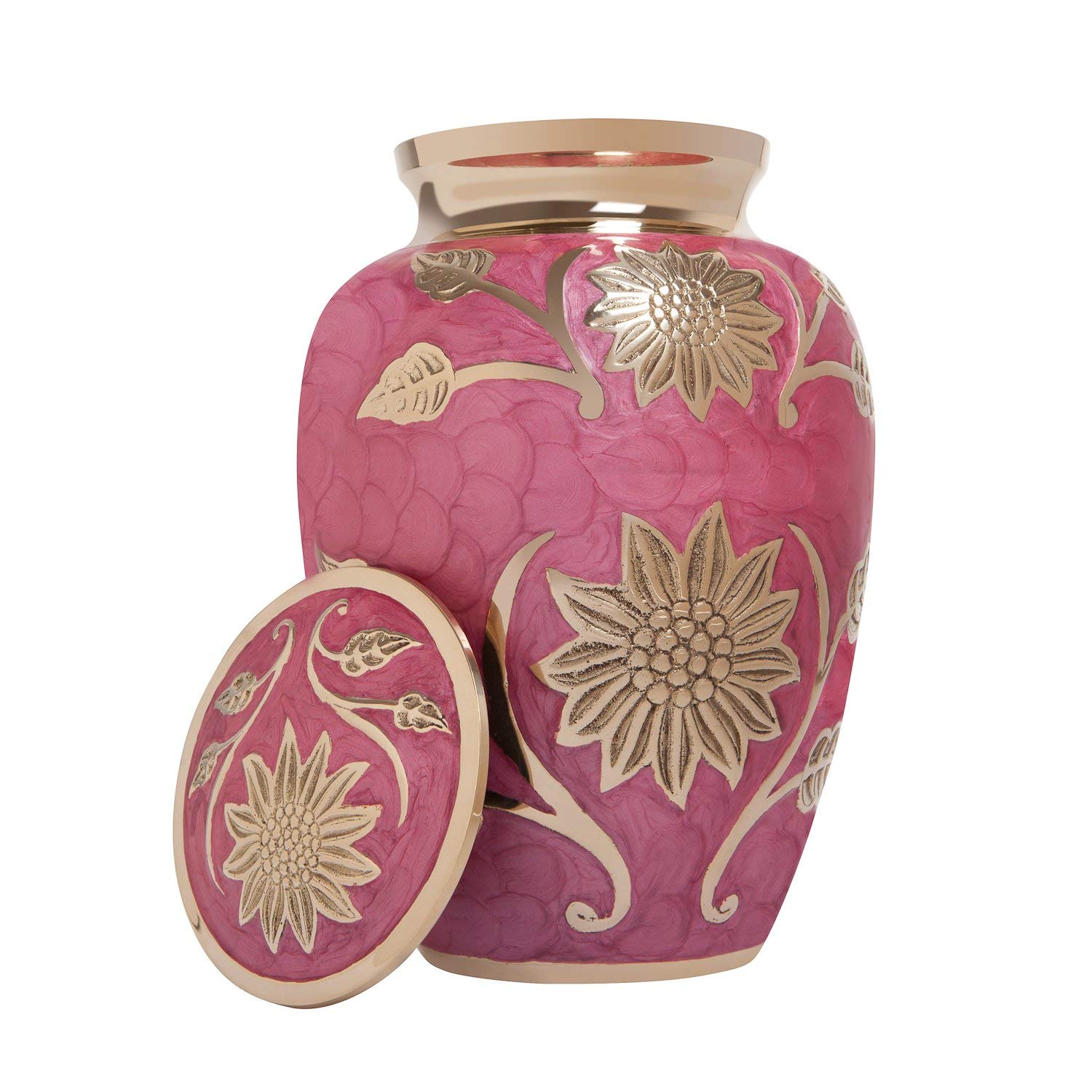 Pink Floral Cremation Urn in Brass