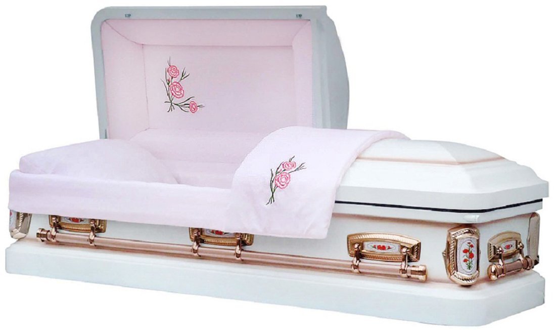 Pretty white casket for funeral with roses